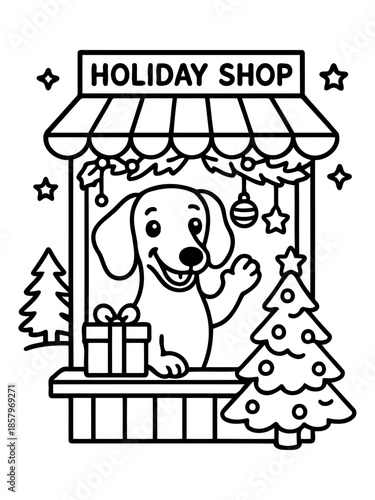 Holiday Shop's Cheerful Canine: A charming dog stands proudly at the entrance of a festive holiday shop, welcoming shoppers with an inviting gesture and surrounded by decorations.