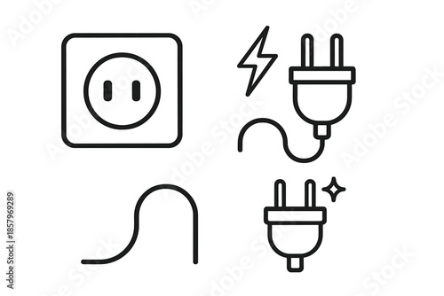 Socketline Charge Icons. Line style icons of Socketline Charge: outlet shape, connected plug, energy arc, cable bend, prong trace,