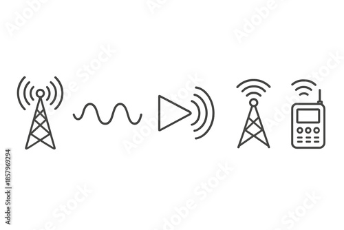 Broadcast Icons. Broadcast wave transmission: Line style icons of broadcast mast, wave pattern, airwave beam, relay tower,
