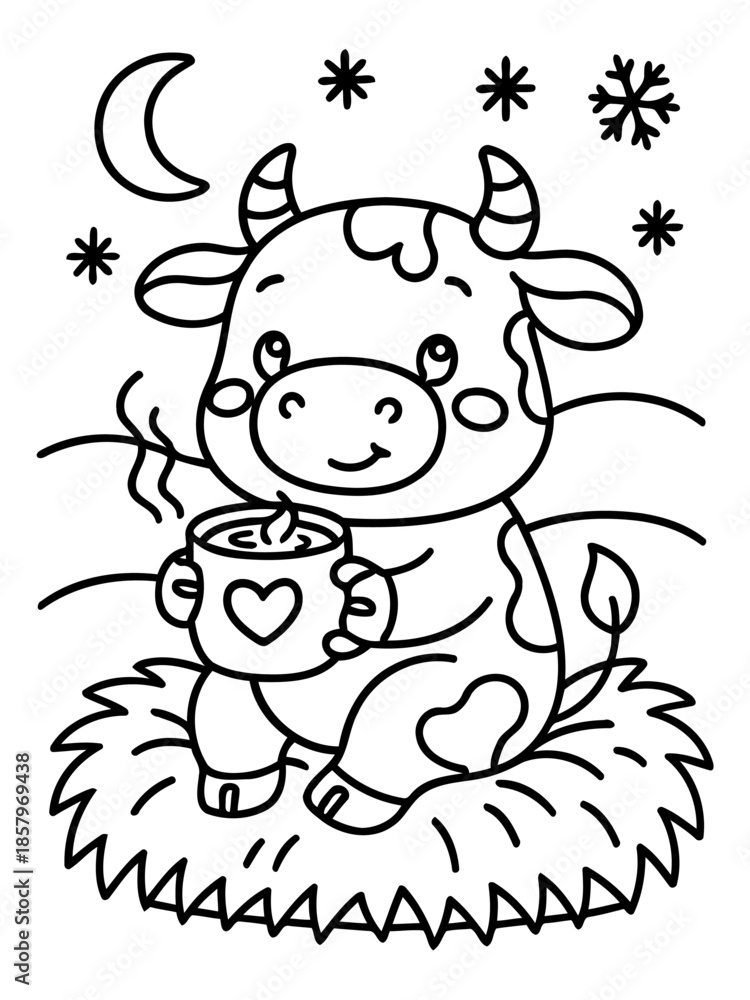 Obraz premium Cozy Cow and Warm Cocoa: A cheerful cow, cozily nestled amongst fluffy hay, is depicted savoring a warm mug of cocoa under a starry night sky.