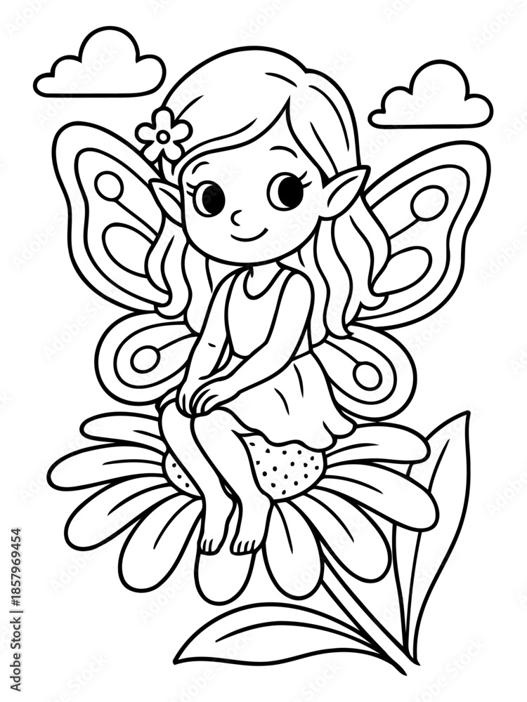 Fototapeta premium Enchanting Fairy in Bloom: A whimsical fairy, with delicate wings and a serene smile, perches gracefully atop a blooming flower, floating amongst fluffy clouds.