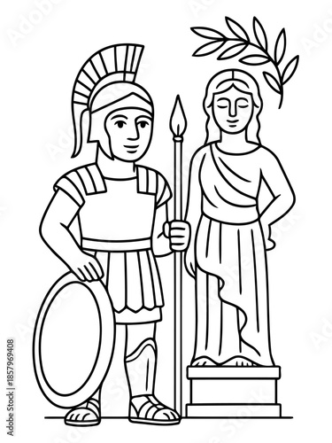 Ancient Figures Illustration: A striking illustration of two figures from ancient times, one a stoic warrior clad in armor and the other a serene goddess, standing side by side.