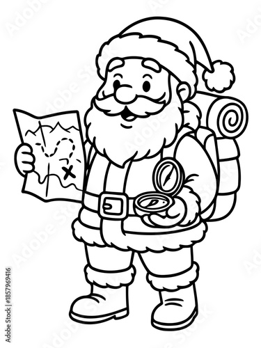 Santa's Journey: A jovial illustration of Santa Claus preparing for a unique adventure. he holds a map in one hand and a compass, ready to guide himself