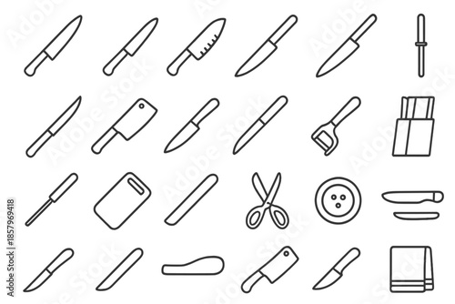Culinary Prep Icons. Line style icons of Culinary Prep Essentials: chef knife, paring knife, santoku, bread knife, carving knife,