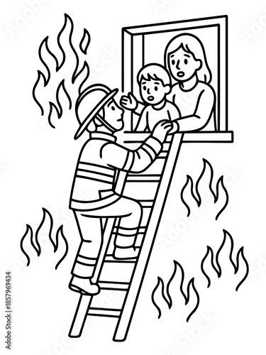Heroic Rescue: A brave rescuer climbs a ladder to save a child and mother from a burning building, symbolizing bravery and the essence of safety.