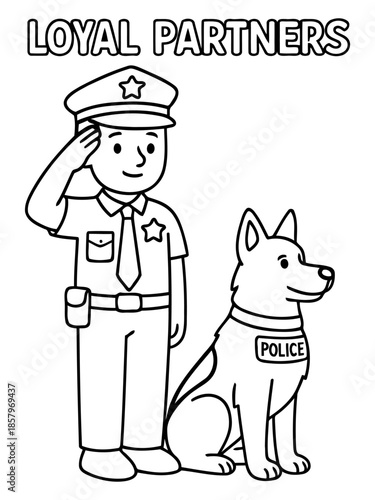 Partnership in Duty: A police officer stands proudly with his loyal partner, a police dog, saluting the community with respect and dedication. The illustration represents the bond, trust.