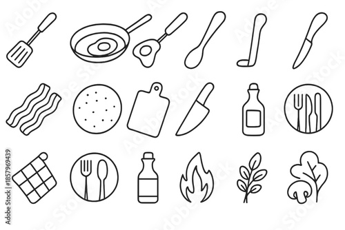 Morning Meal Icons. Line style icons of Morning Meal Prep: spatula, frying pan, flipping egg, skillet handle, wooden spoon, bacon