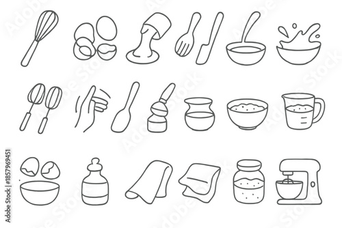 Dessert Prep Icons. Line style icons of Dessert Preparation Essentials: whisk, eggs cracked, cream pour, sugar spoon, mixing bowl,