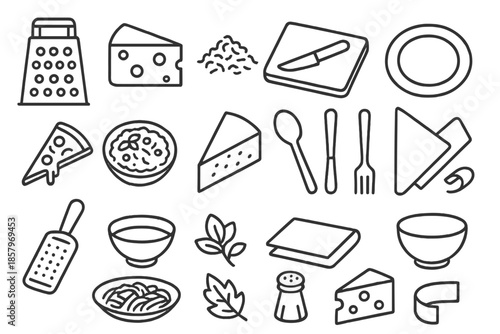 Cooking Cheese Essentials. Line style icons of Cooking Cheese Essentials: box grater, hard cheese, shredded pile, cutting board,