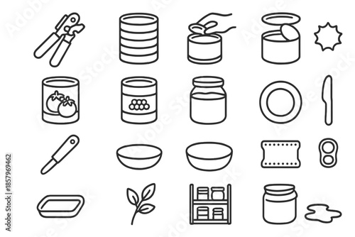 Canned Food Icon Set. Line style icons of Canned Food Kitchen Set: manual can opener, tin can, lid removal, hand grip, canned
