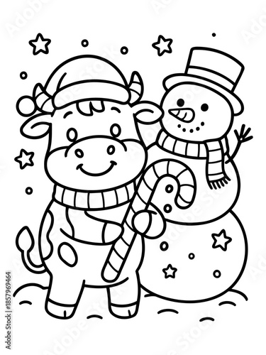 Holiday Friends: A jovial illustration features a cheerful bull with a festive hat and scarf, delighting in the company of a charming snowman, all set against a backdrop of twinkling stars.