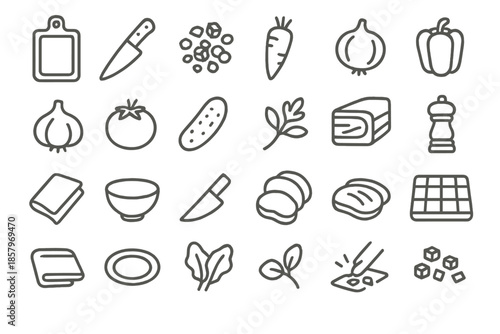 Culinary Chopping Icons. Line style icons of Culinary Chopping Essentials: cutting board, chef knife, chopped vegetables, carrot,