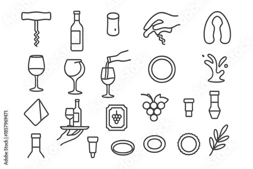 Wine Tasting Icons. Line style icons of Wine Tasting Set: corkscrew, wine bottle, cork, hand grip, foil cutter, wine glass, wine