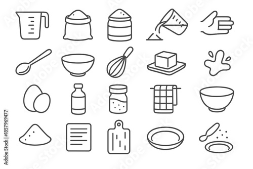 Ingredient Prep Icons. Line style icons of Ingredient Prep Set: measuring cup, flour, sugar, liquid pour, hand hold, spoon, bowl,
