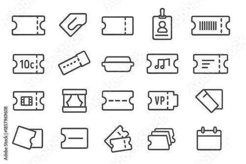 Ticket Collection Icons. Line style icons of Ticket Collection Essentials: ticket stub, hand hold, perforated edge, event pass,