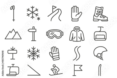 Ski Equipment Icons. Line style icons of Ski Equipment Tools: ski pole, snow, ski slope, hand hold, ski boot, mountain, trail