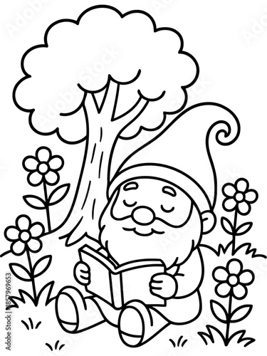 Reading gnome in garden: A whimsical cartoon gnome finds serenity amidst a flourishing garden, absorbed in the pages of a book under the shade of a tree. 

