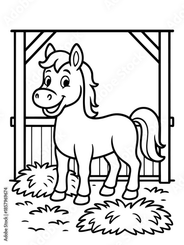 Pony Cartoon : a charming pony smiles, exuding joy and playfulness, perfectly encapsulating childhood innocence and the spirit of the countryside. 