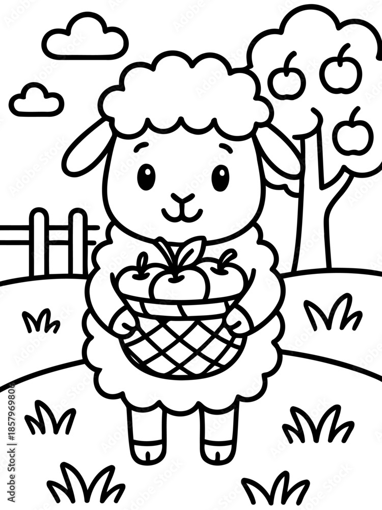 Fototapeta premium Cute Sheep with a Basket of Apples: a charming depiction of a cuddly sheep holding a basket filled with fresh apples under an apple tree, evokes feelings of warmth, harvest season.