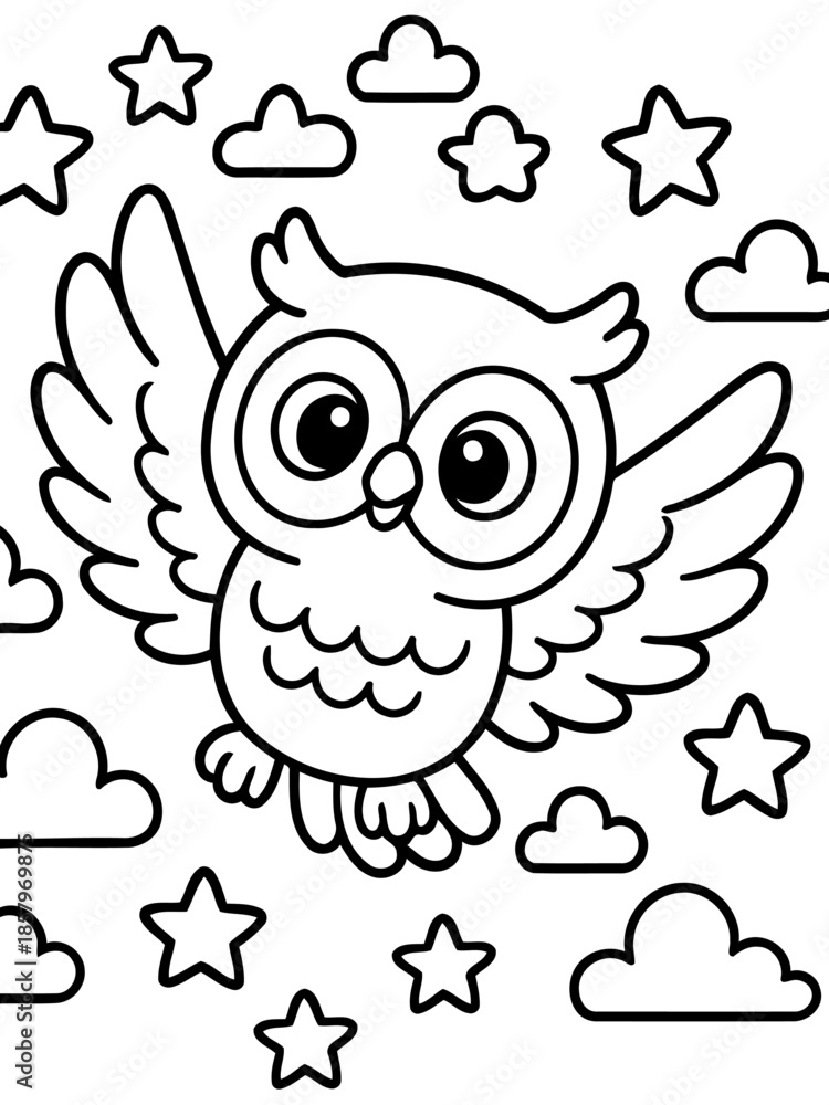 Fototapeta premium Owl Soaring in Night Sky: An adorable owl glides through a starry sky filled with fluffy clouds, creating a whimsical scene of nocturnal wonder.