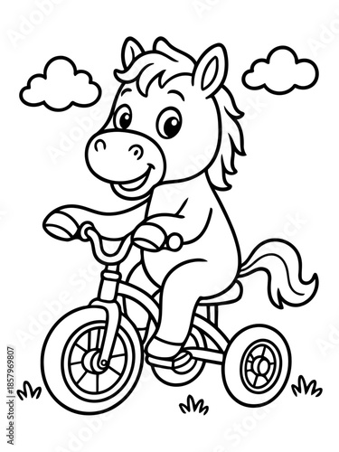 Joyride on Wheels: A cheerful equine, rendered in a delightful illustration style, pedals with glee on a tricycle, embodying the essence of playful simplicity.