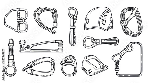 Collection of climbing equipment illustrations on white background