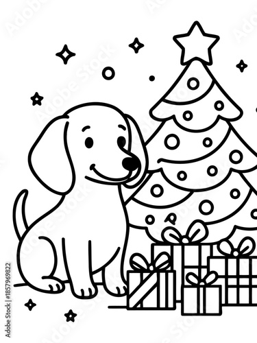 Festive Canine Companion: A charming illustration depicts a cheerful dog seated next to a decorated Christmas tree, surrounded by wrapped gifts, evoking the spirit of holiday cheer and festive.