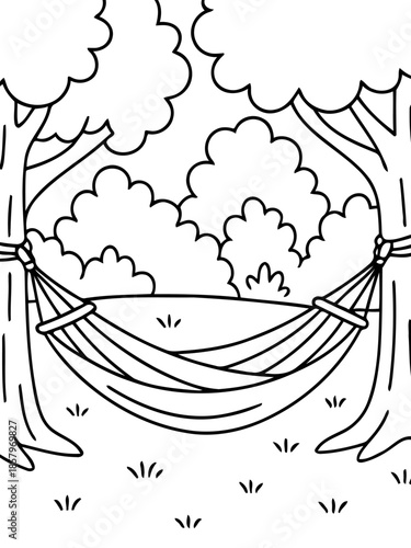 Serene Hammock Between Trees: A tranquil scene of a hammock strung between two trees in a lush outdoor setting, inviting relaxation and peaceful contemplation. 