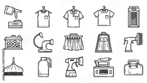 Collection of cleaning and laundry items vector outlined icons set