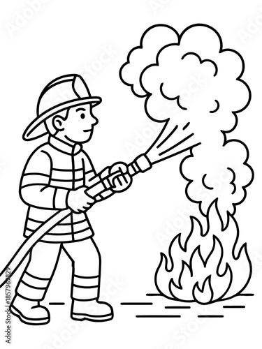 Firefighter at work: An illustration depicting a dedicated firefighter fearlessly battling a blaze with a water hose, showcasing the bravery and commitment of first responders.