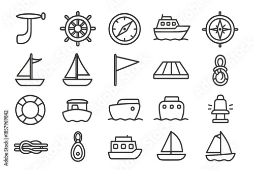 Maritime Control Icons. Line style icons of maritime controls: Rudder, Helm, Wheel, Ship, Compass, Anchor, Mast, Sail, Flag, Deck,