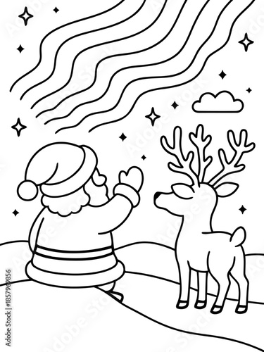Santa and Reindeer Under the Northern Lights: Witnessing the wonder of the Aurora Borealis, a benevolent Santa, accompanied by his faithful reindeer.