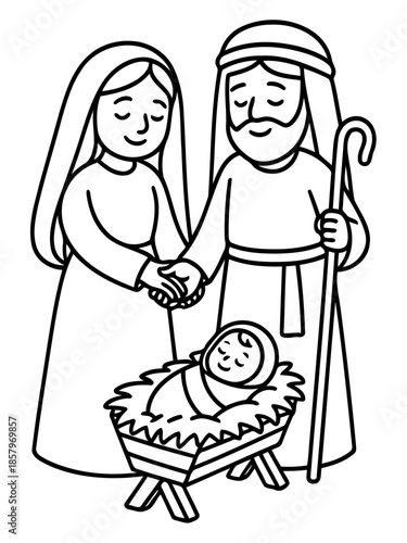 Nativity Scene: A depiction of the holy family, Joseph, Mary and baby Jesus with a holy and peaceful atmosphere, representing faith, hope, and the celebration of the miraculous birth.