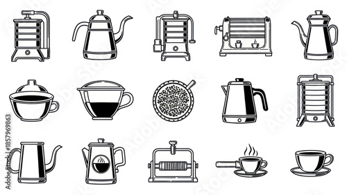 Collection of coffee and tea brewing equipment and serving accessories