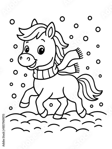 Whimsical Pony in Winter Wonderland: A cheerful pony, adorned with a cozy scarf, frolics joyfully amidst the gentle snowfall, embodying the spirit of winter and the innocence of play.