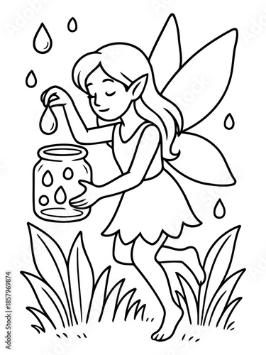 Whimsical Pixie in Nature: A charming pixie, with delicate wings and a serene expression, interacts with raindrops, evoking a sense of wonder and enchantment amidst nature's embrace.