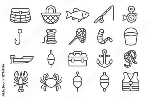 Fish Tool Icons. Line style icons of fish collection tools: Creel, Basket, Fish, Rod, Reel, Hook, Line, Net, Bait, Bucket, Boat,