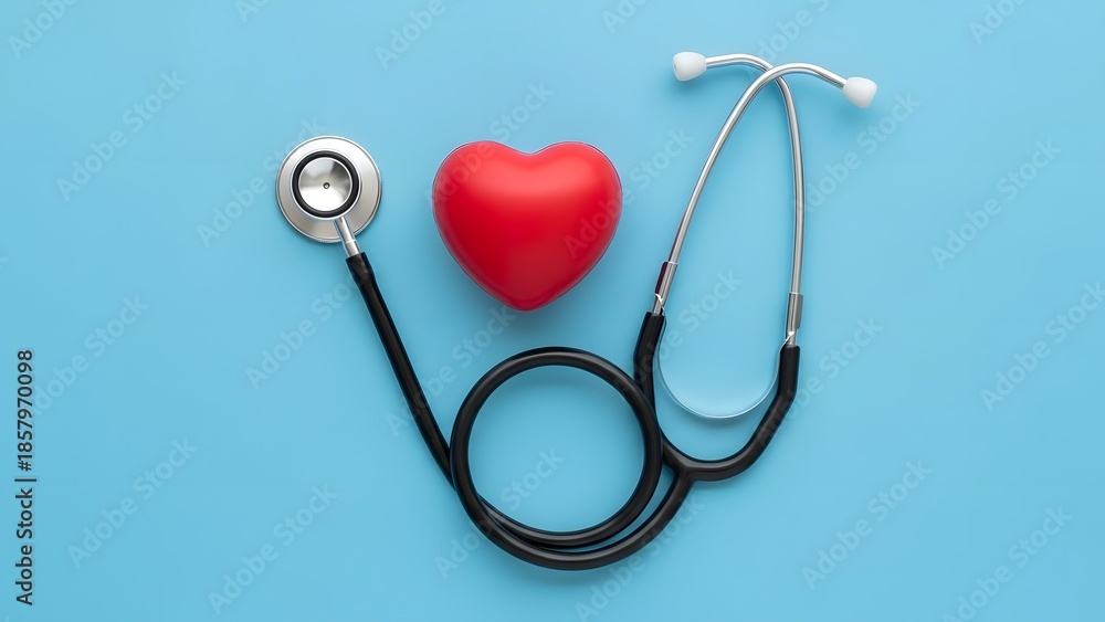 Fototapeta premium Red heart and stethoscope on bright blue background — symbolic representation of cardiology, healthcare, love for medicine, or Valentine’s Day health awareness
