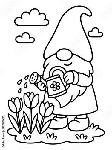 Whimsical Gnome Gardener: A charming illustration depicts a garden gnome, tending to vibrant tulip flowers with care and dedication, nurturing them with a watering can in a serene outdoor setting.
