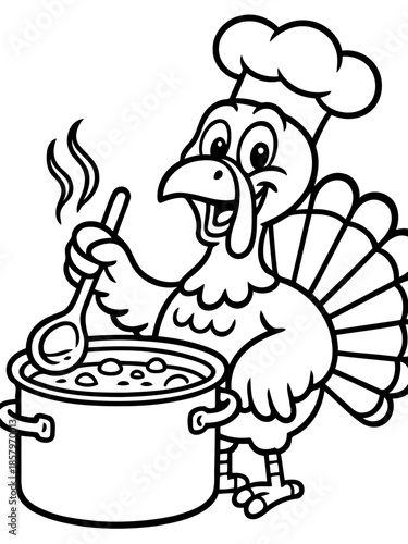 Chef Turkey Preparing a Delightful Dish: A charming illustration depicts a jovial turkey in a chef's hat, skillfully stirring a pot of steaming soup, embodying culinary artistry and holiday spirit.