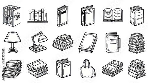 Collection of hand drawn books lamps and accessories for educational use