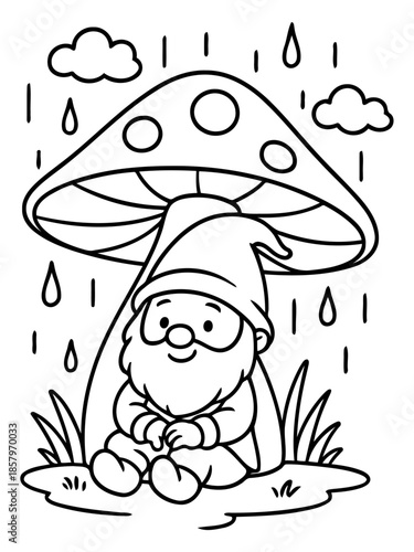 Whimsical Gnome Under Mushroom: An adorable garden gnome finds shelter from the gentle rain beneath a giant mushroom, a delightful scene perfect for illustrations.