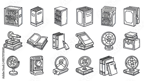 Collection of hand drawn books shelves and related objects isolated