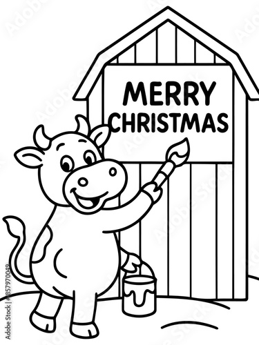 Christmas Cow Cartoon: A whimsical illustration of a jovial cow, cheerfully painting the words Merry Christmas on a festive sign, conveying the spirit of holiday cheer.
