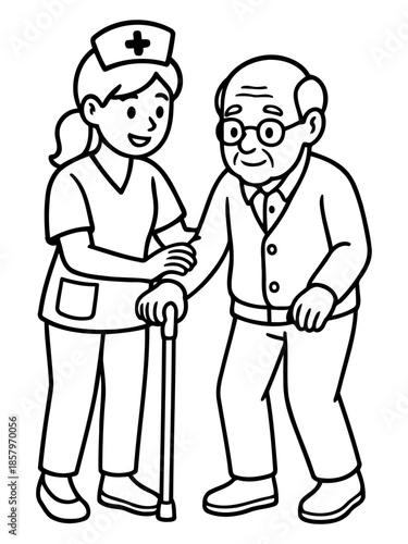 Compassionate Care: A caring healthcare professional assists an elderly person with a walking stick, symbolizing the importance of support and aid in senior care and well-being.