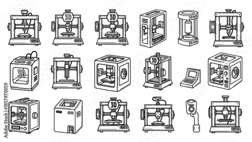 Collection of hand drawn 3 d printers illustrations for design and technology