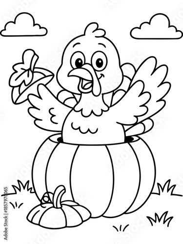 Thanksgiving Turkey and Pumpkin: A charming illustration captures the festive spirit of Thanksgiving, depicting a cheerful turkey perched inside a pumpkin. Surrounded by autumnal elements.
