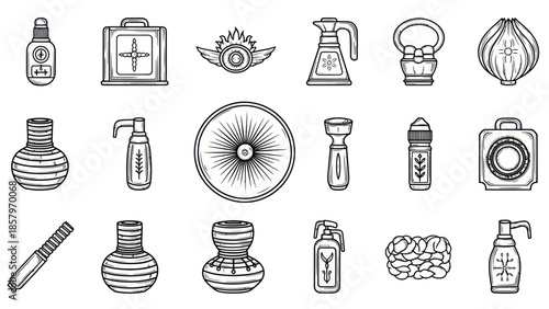 Collection of decorative objects vector illustrations in black and white