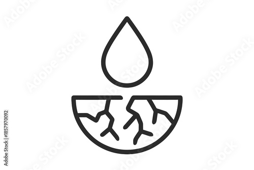 Dry Land Symbol. Line vector icons of a water droplet over dry land: single droplet, cracked earth, dryness texture, contrast