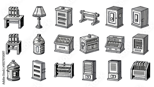Collection of hand drawn furniture and objects illustration in monochrome